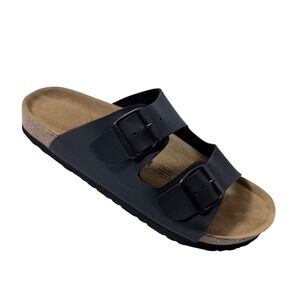 Cushionaire Lane Mens Cork Footbed Sandal Black Nappa Vegan Leather Size 11 M